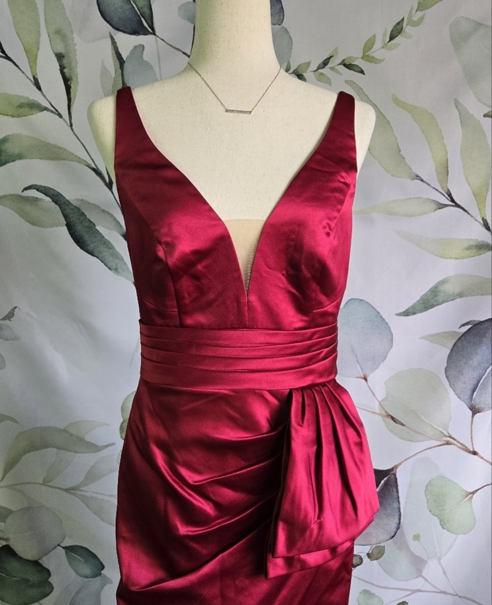 GALINA SIGNATURE | Plunging Satin Tank Sheath Dress w/ Slit in Lipstick Red sz 4 - Picture 6 of 9